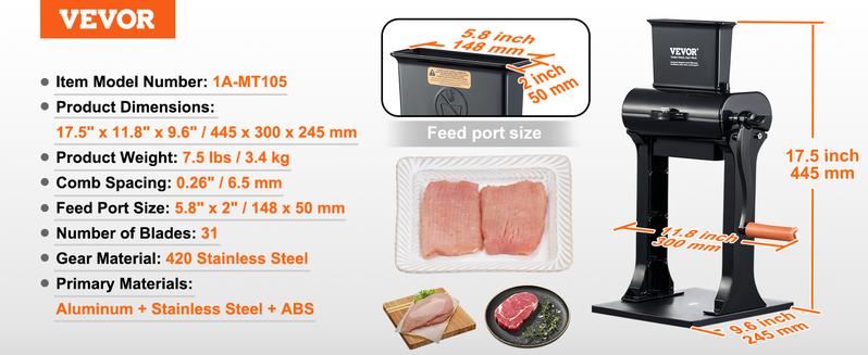 VEVOR Commercial Meat Tenderizer, Heavy Duty Stainless Steel Meat Tenderizer Machine, Quick and Easy Manual Operation Kitchen Tool, 5.8" Feed Port for Beef, Turkey, Chicken, Pork, Steak, and Fish Utensils