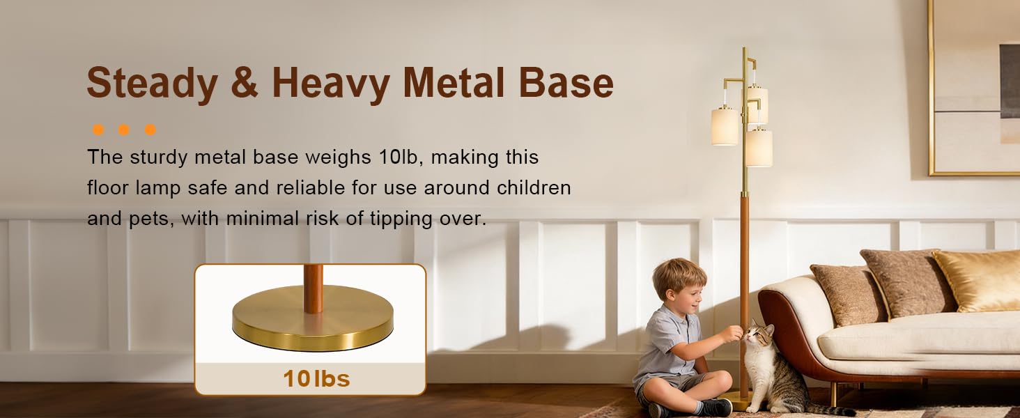 70" Wood Floor Lamp Dimmable Floor Lamps for Living Room Bedroom Mid Century Modern Floor Lamp Gold Standing Lamp Tall Lamps for Office Nursery Reading Elegant Stand Up Lamp, 3 Bulbs Included