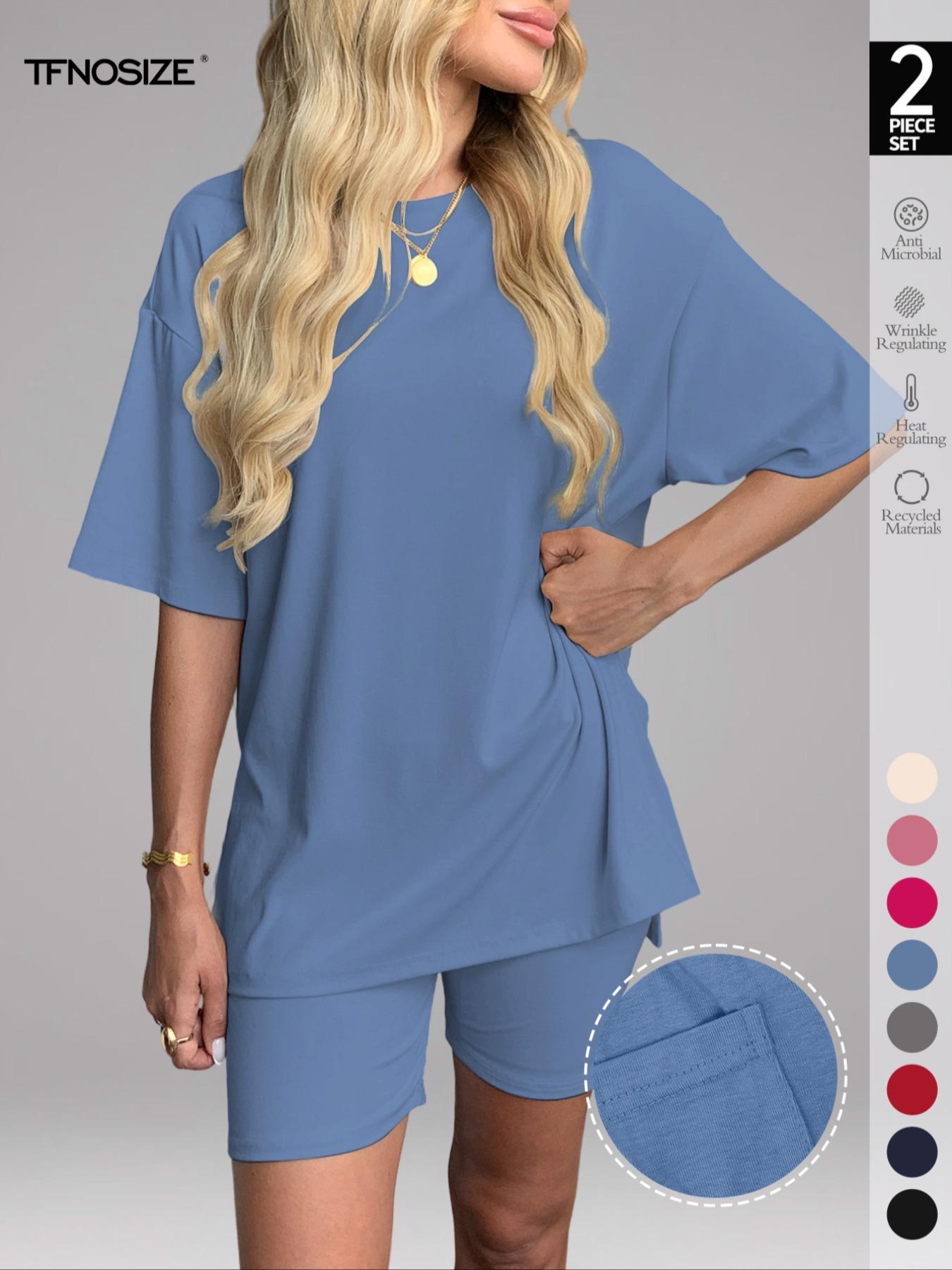 Women's Two Piece Lounge Set Loungewear, 2026 Summer Casual Oversized Shirts & Biker Shorts, Fitted Plain Design, Perfect for Airport Travel