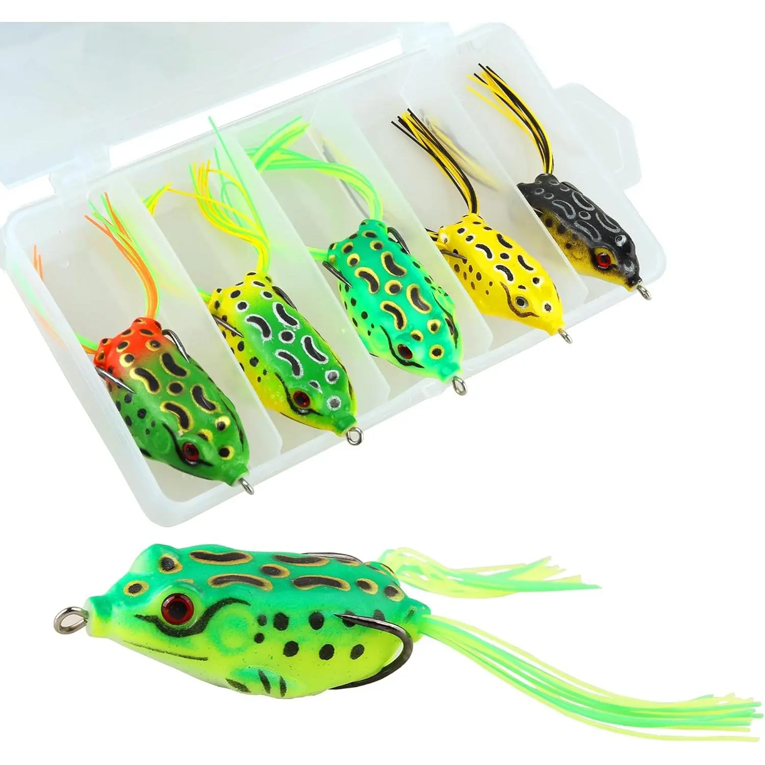 5 count Topwater Frog Lures Set with Box, Realistic Soft Hollow  Fishing Lures for Bass Snakehead Pike Bowfin, Weedless Freshwater Simulated Frog Baits