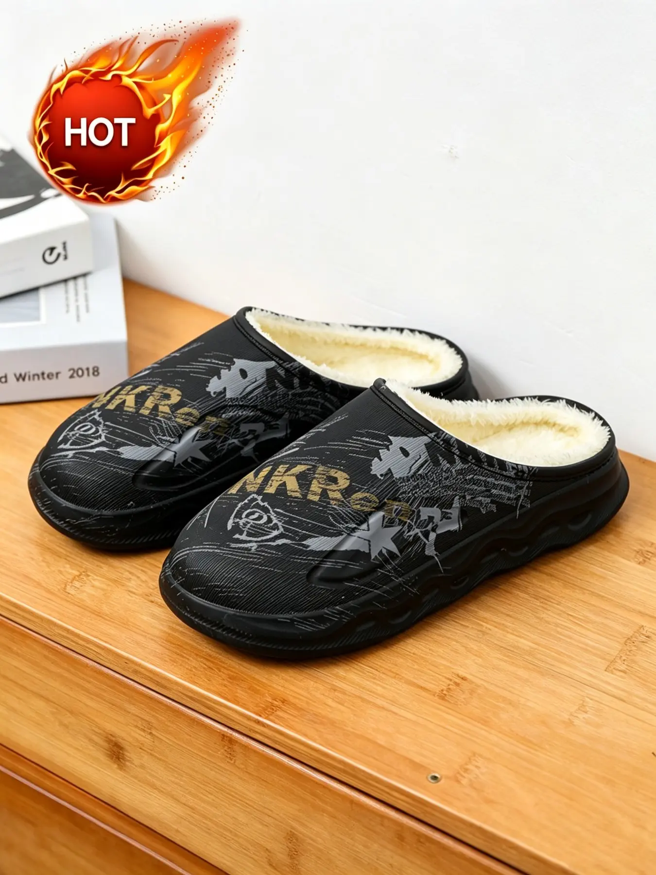 Men's Graffiti Print Plush Lined Mule Slippers, Warm Winter Indoor Outdoor Shoes, Comfortable Casual Footwear for Home Use