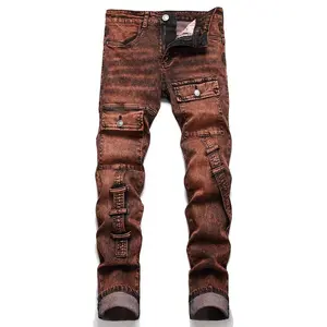 XIMXIMMTIAN Men's High-Stretch Slim Fit Denim Jeans - Full-Length Designer Moto Biker Distressed Jeans with Tear Details, Water Washed Retro 5-Pocket Shaping All-Season Streetwear Menswear, Denim Men's Jeans, Full-Length Men's Jeans
