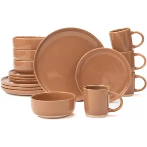 16- Brown Stoneware Dinnerware Set for 4 with Mugs, Plates and Bowls Sets with Partially Unglazed Base, Scratch Resistant Ceramic Dish Set, Microwave & Dishwasher Safe for Kitchen