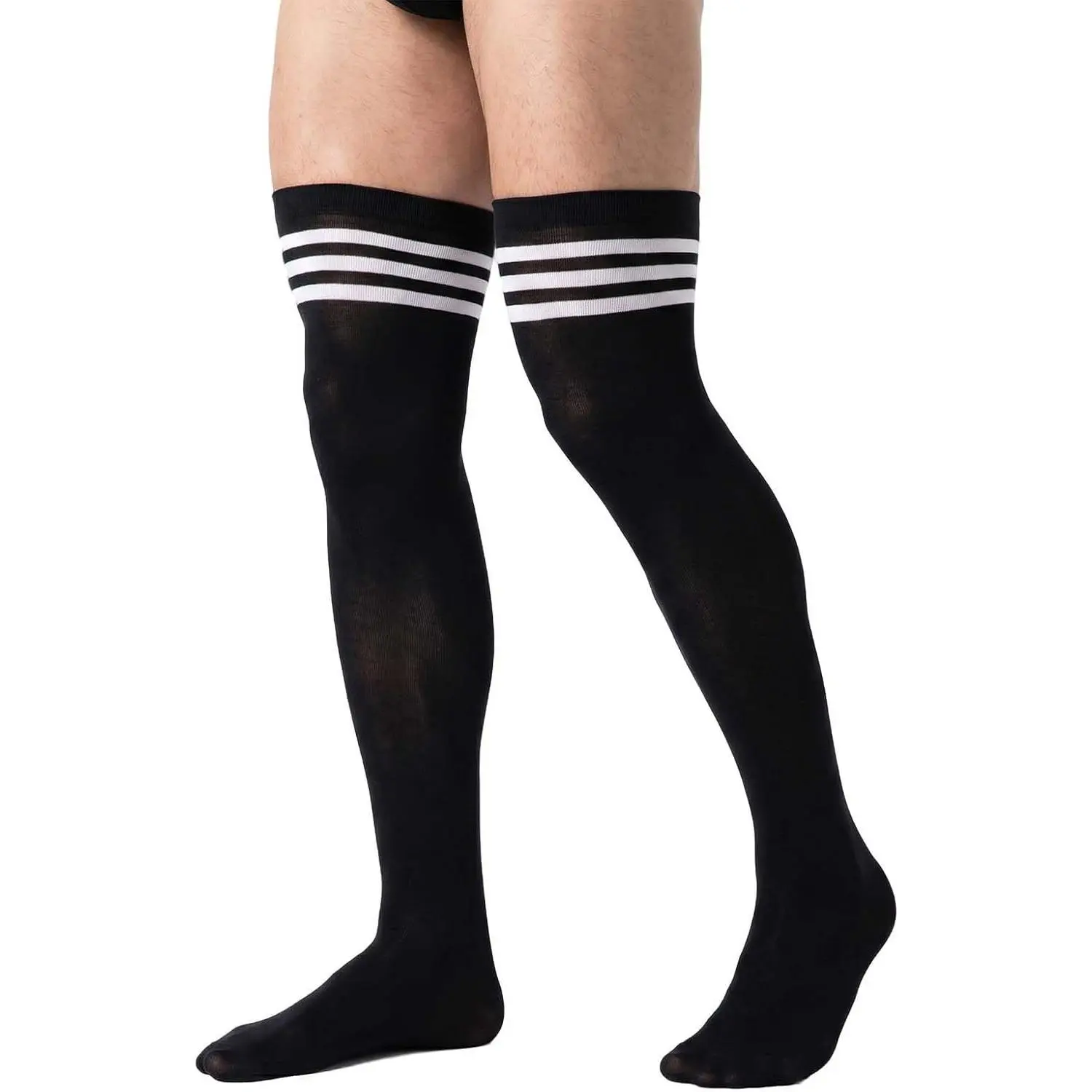 Thigh High Socks for Men, Black White Striped Over Knee Stockings, Stretchy Femboy Thigh Highs, Nylon Long Socks for Goth Emo Skater Outfits and Cosplay