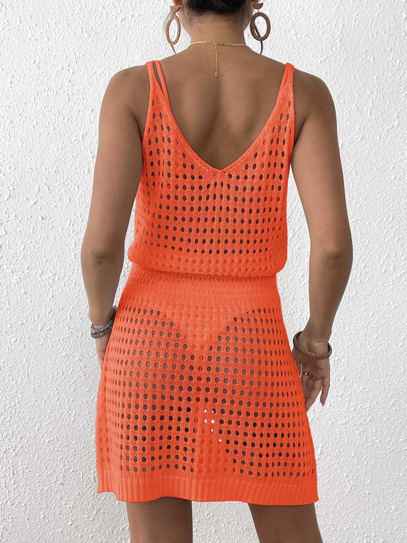 Women's Solid Ribbed Knit Crochet Beach Dress, Casual Sleeveless Short Dress for Beach Holiday Vacation, Ladies Clothes for All Seasons, Crochet Cover Up, Beach Cover Ups