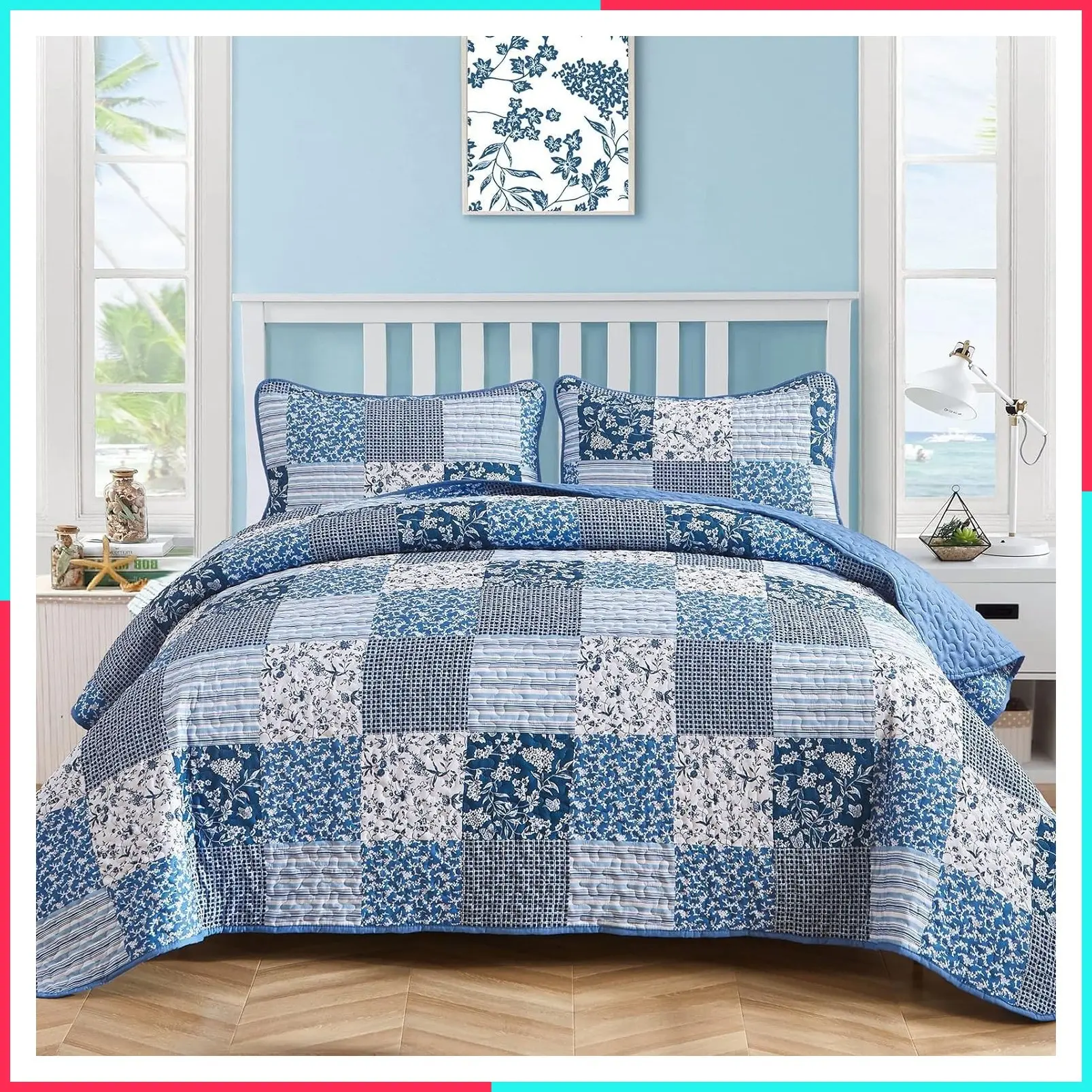 Blue Patchwork Floral Quilt Set California King, Bedding Set