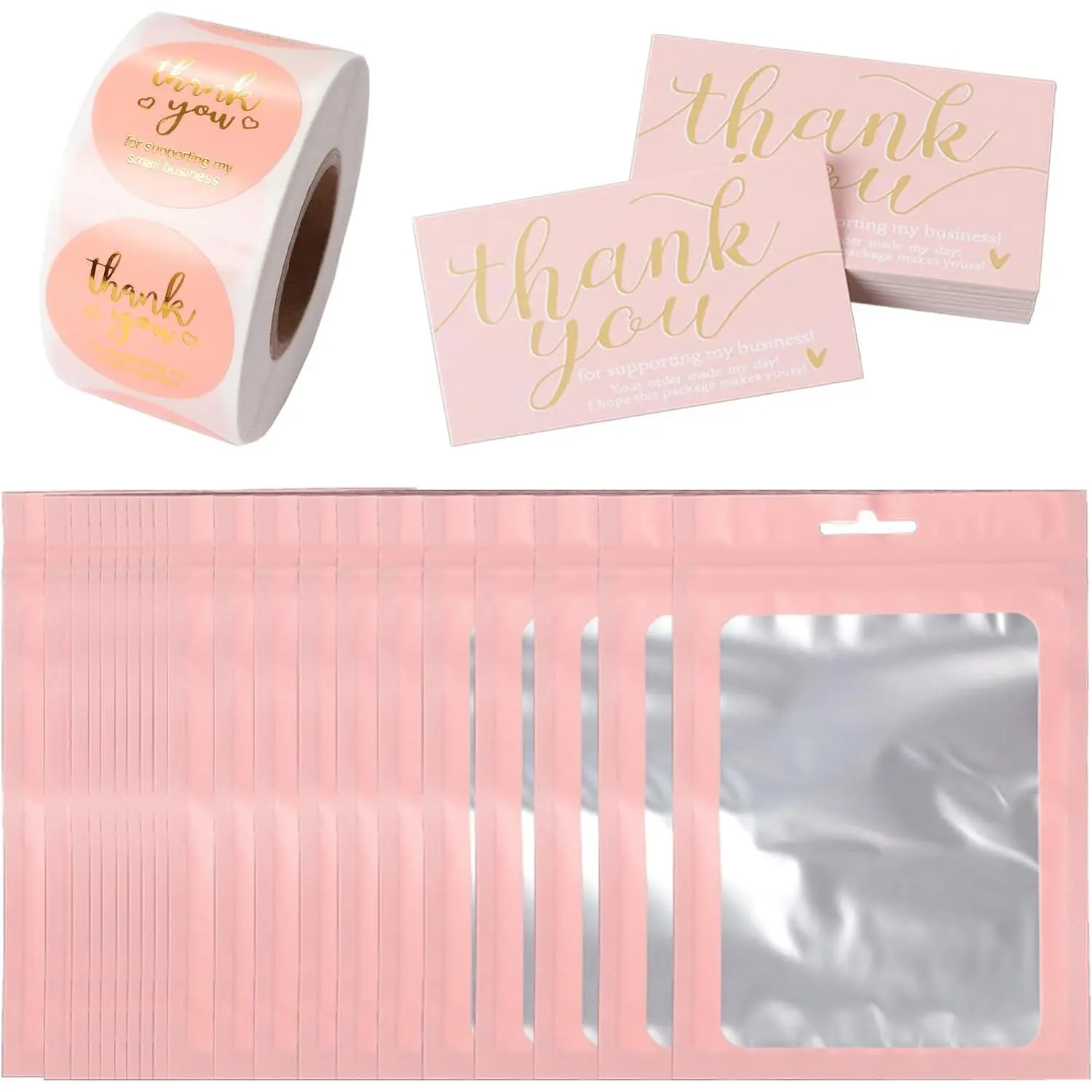 620 count Thank You Business Cards Stickers Set  Foil Include 100 Thank You Business Card 500 Thank You for Supporting My Small Business Stickers 20 Resealable Packaging Bags Suitable Owners ()
