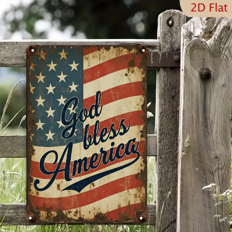 2D Flat, Decorative Signs & Plaques2D Flat, 1pc 8x12 Inch Metal Tin Sign "God Bless America" - Patriotic Wall Art with Distressed American Flag Design, Rustic Home Decor for Independence Day, Father's Day Gift for Men, Easy Mounting Holes, American