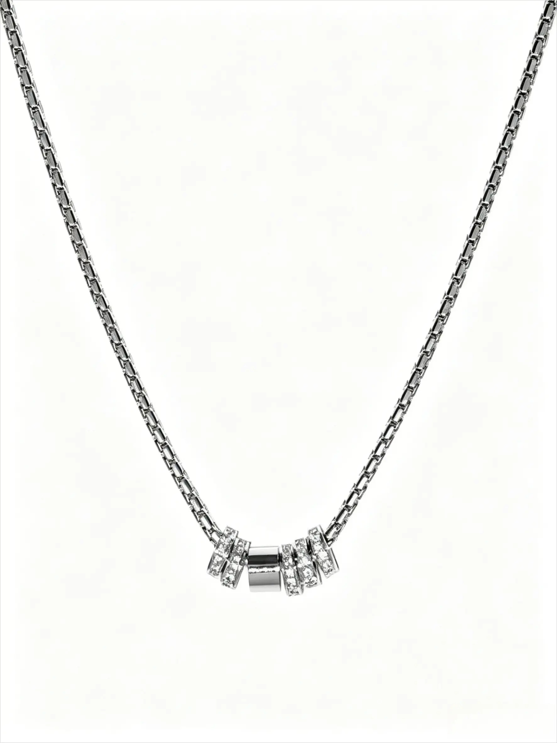 Unisex Cold Minimalist Luxury Locket Chain, Stainless Steel with Zirconia Round Flashing Pendant, Adjustable 42+5cm, Daily Streetwear Accessory