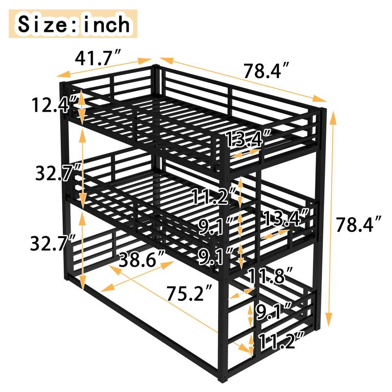 Twin  over Twin  over Twin  Bunk Bed, Metal Triple Bunk Bed with Safety Guardrails, Heavy-duty Bunk Bed with Noise-reduced Design, Black