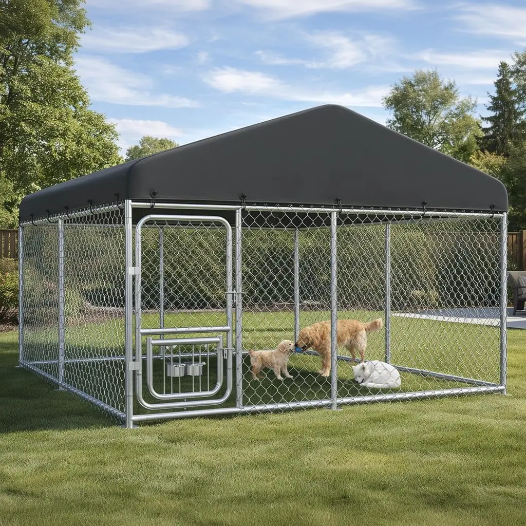 10*10FT Outdoor Dog Kennel with Adjustable Bowls Feeder Heavy Duty Extra-Large Dog Enclosure with Roof & Lock All Weather Resistant for Medium Large Dogs (Dark Black, 10x10FT (124in)