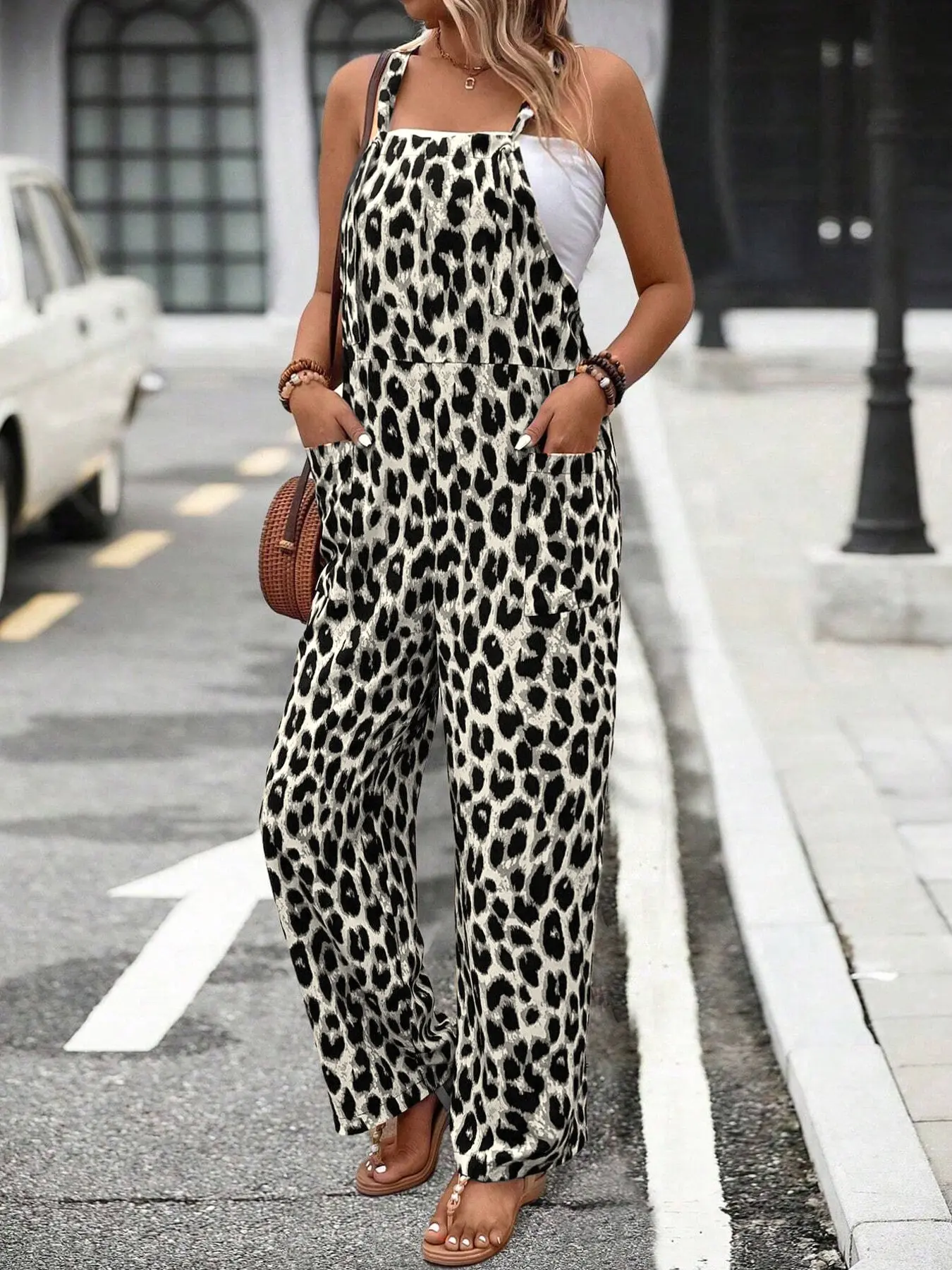 Women's Leopard Print Jumpsuit, Street Style Loose-Fitting Wide Leg, Casual Belted Romper with Pockets, Unlined Comfortable