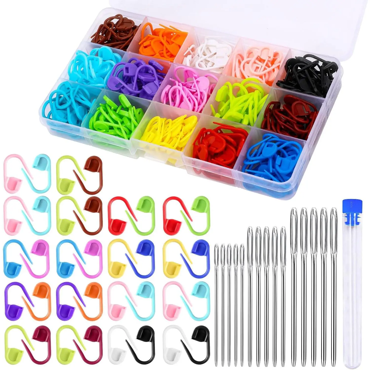 Crochet  Markers 315 count  Markers for Crocheting Knitting | Plastic Locking Clip 15 Colors, 15 count 3 Sizes Big Eyes Blunt Sewing , Storage Box, Weaving Clip Counter DIY Handicraft