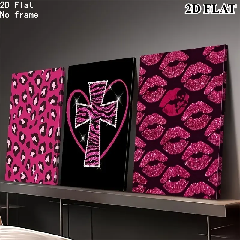 2D Print, 3-piece Y2K style poster print - Pink and black glossy heart and lips wall art, modern pop art, suitable for bedroom, dining room - Women's apartment decoration, Valentine's Day and Christmas decoration