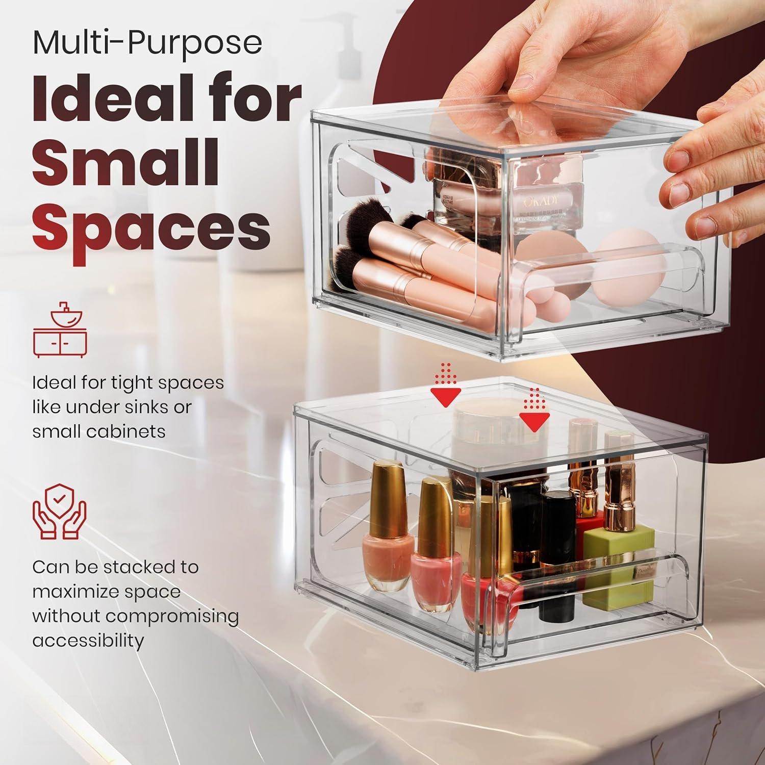 Drawer Organizer 2-Pack - Clear Stackable Storage Drawers for Makeup, Skincare, , Bathroom, Under Sink, Kitchen & Office - Non-Slip, Durable, Multi-Purpose Organizer Bins