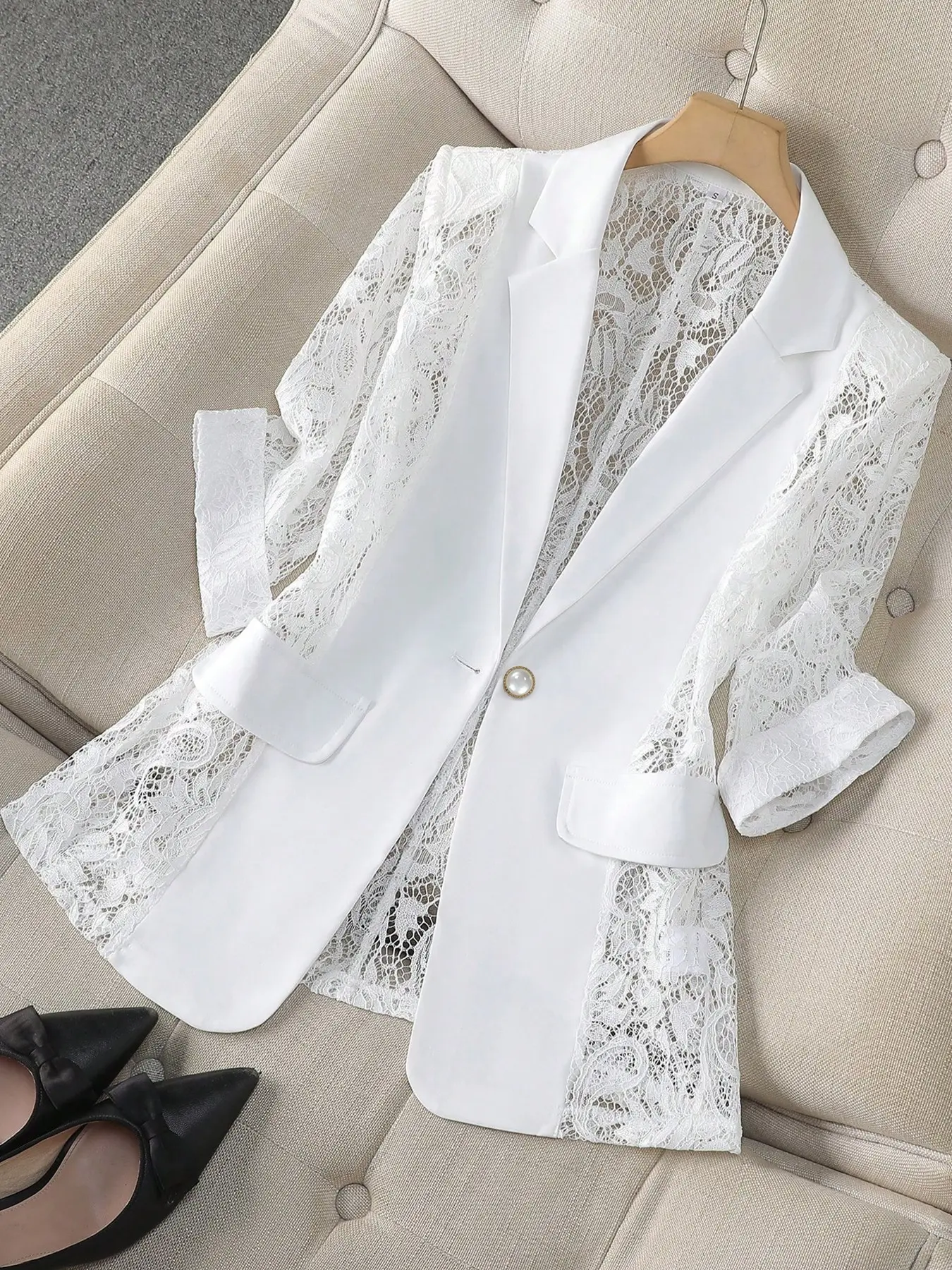 Lace Patchwork Seven-Quarter Sleeve Blazer, Pearl Button Lightweight Blazer, Breathable Casual Blazer, Elegant Office Wear, Summer New Arrival