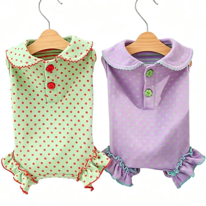 Cotton Polka Dot Dog Bodysuit, Breathable Summer Full Body Pet Pajamas with Lapel Collar for Small Dogs