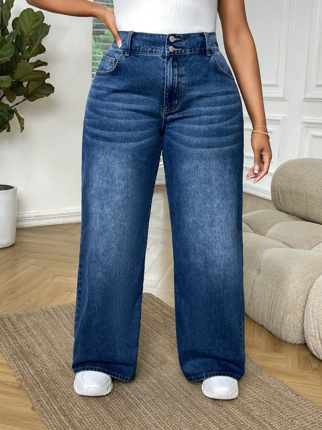 Micro Plus Size Conceal Belly Two Button High Waist Wide Leg Pants, Light Blue Washed Loose Long Casual Jeans, Comfortable and Stylish