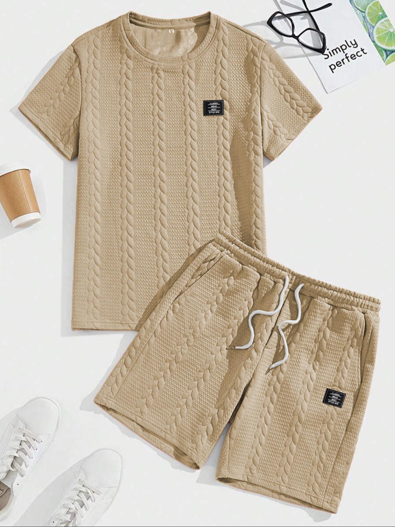 Men's Solid Textured Patched Tee & Drawstring Waist Shorts Set, Regular Fit Casual Round Neck Short Sleeve T-shirt & Pocket Shorts, Men's Summer Clothes, Casual Outfit Set Men's Solid Textured Patched Tee & Drawstring Waist Shorts Set, Regular Fit Casual Round Neck Short Sleeve T-shirt & Pocket Shorts, Men's Summer Clothes, Casual Outfit Set