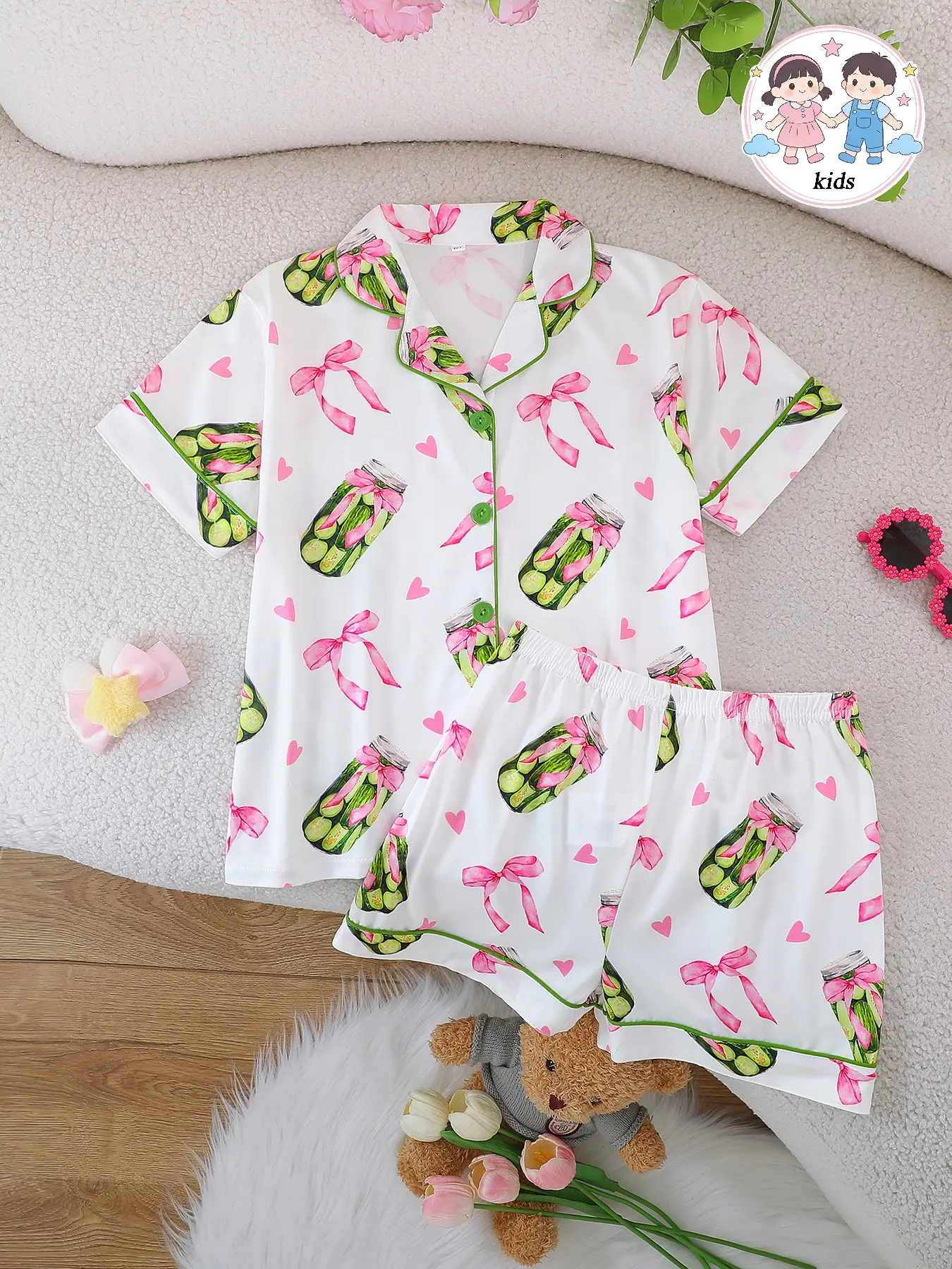 2-Piece Kids Fire-Resistant Pajama Set, Short Sleeve Button Front Jacket and Shorts, Casual Butterfly Knot Print, All Seasons