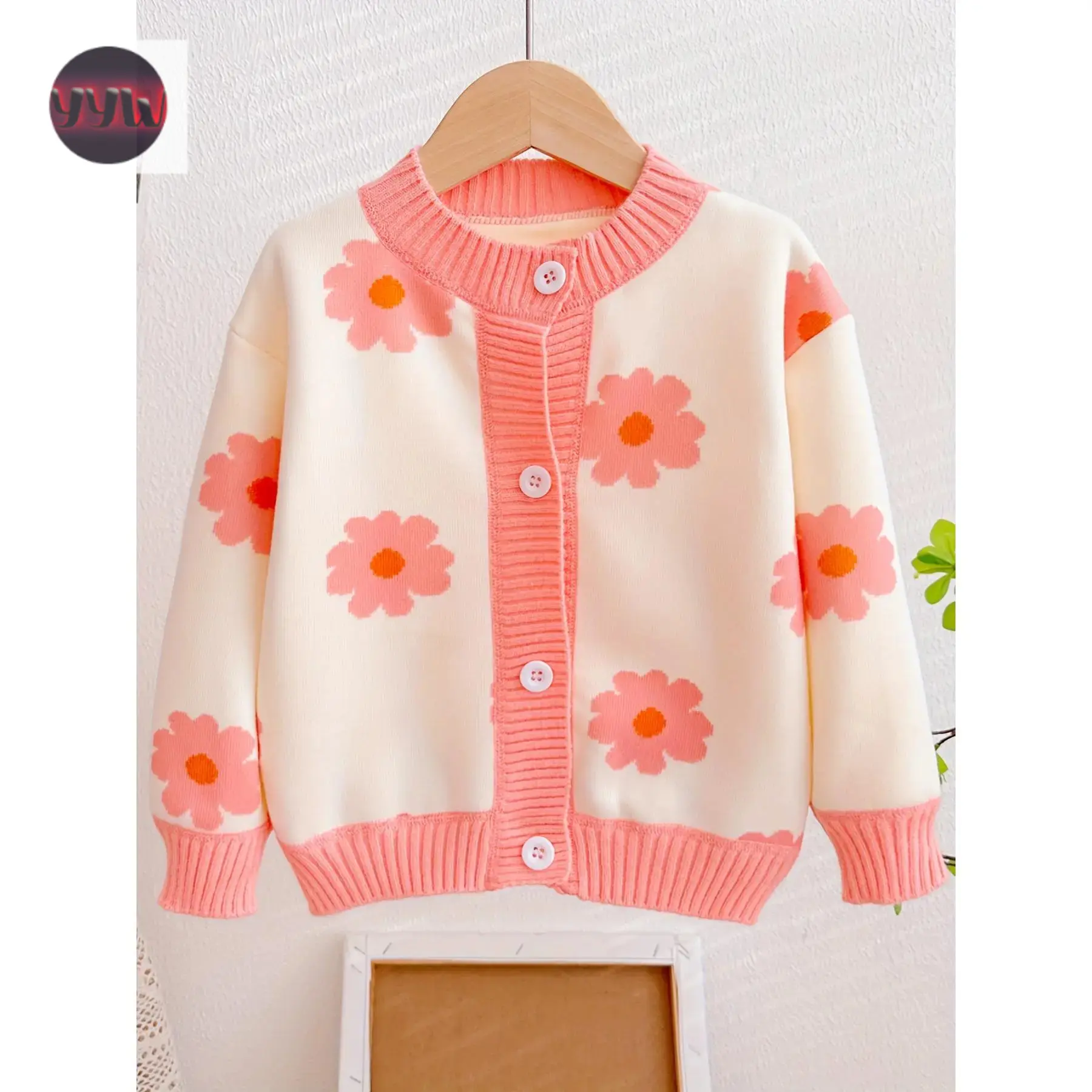 YYW1 1pc Floral Knit Cardigan Girls - Polyester Crew Neck Long Sleeve Sweater with Button Closure - Regular Fit Fall/Winter Outerwear