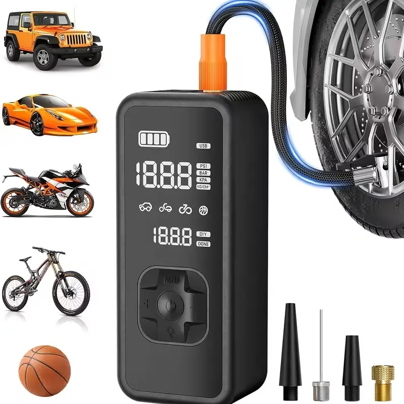 Tire inflator, emergency power bank, with vacuum function, equipped with digital pressure gauge, car tire pump, 220PSI, rechargeable battery, LED light, cordless air pump, bicycle tire pump, suitable for cars, motorcycles, bicycles, sports balls, etc