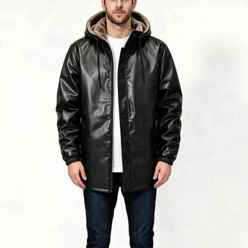 Men's Hooded PU Leather Jacket Faux Fur Lined Winter Warm Fleece Coat Windproof Motorcycle  Outwear With Hood Drawstring Heavyweight Parka Casual Streetwear Tactical Cargo Pocket Thermal Insulated Thick Sherpa Velvet Garmets cozy clean bomber jacket