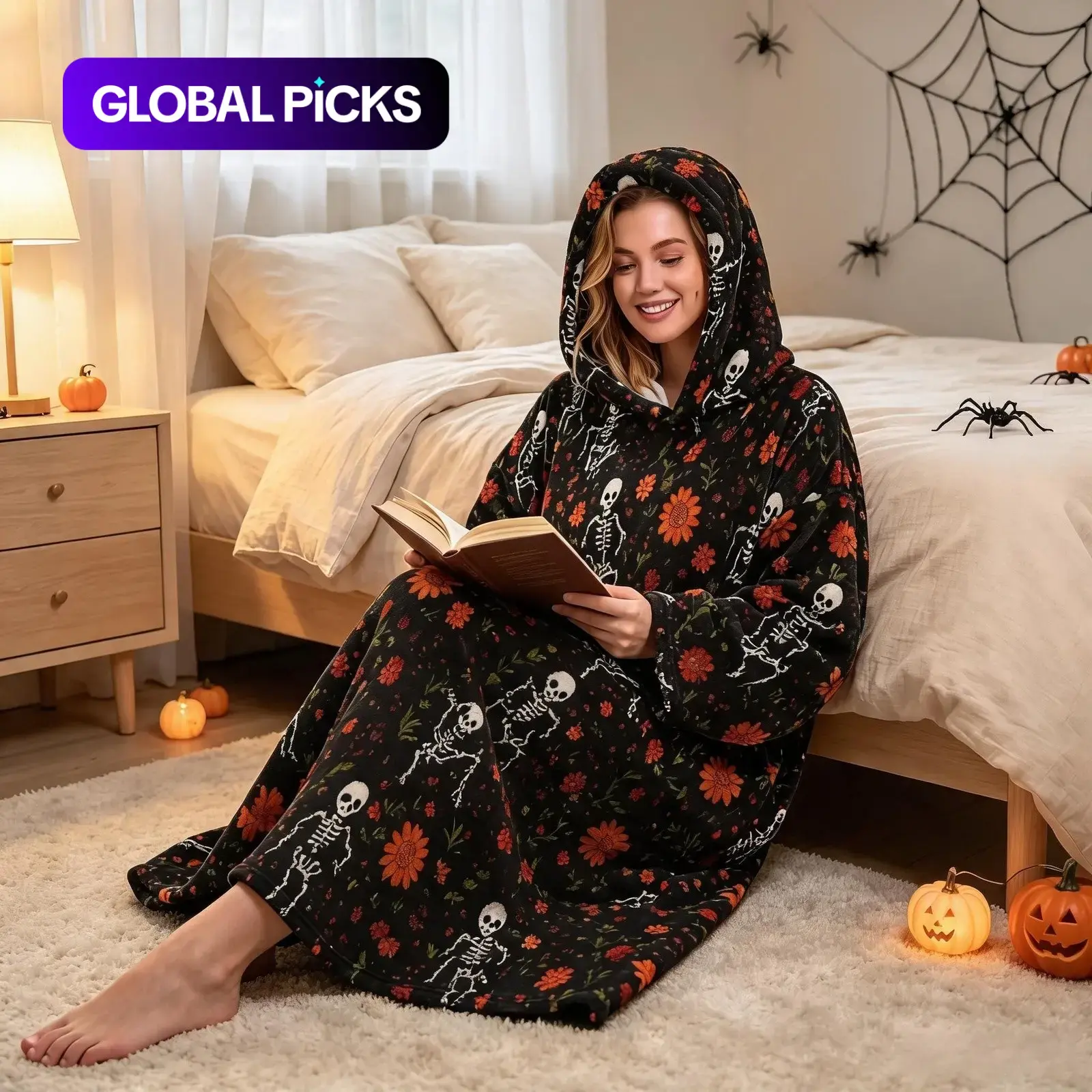 1pc Pullover Hooded Flannel Wearable Blanket, Dark Base Printed with Dancing White Skeletons, Red-Orange Flowers & Green Leaves, Soft Skin-Friendly All-in-One Loungewear Robe, Warm Gift for Wife, Mother, Ideal for Couple Birthdays, Christmas, Holiday