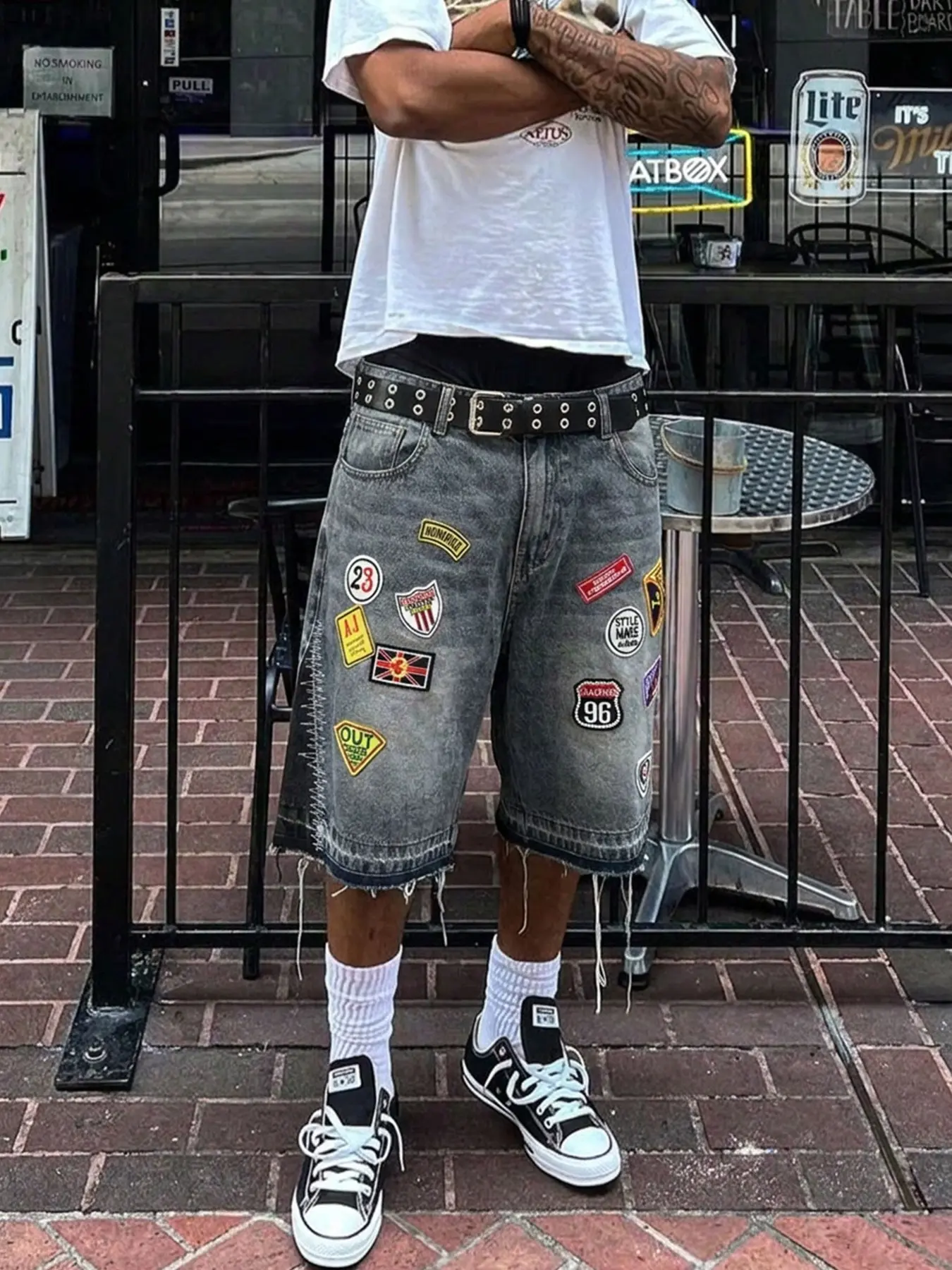 Unisex Street Style Jeans Shorts, Full Print Badge Design, Loose Fit, Lightweight, All Seasons, Casual Wear, Slimming Effect, Versatile Pants