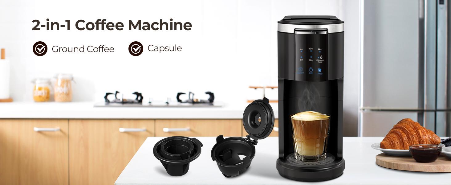 Kismile Single Serve Coffee Maker K Cup 2 in 1 with Auto Cleaning Shut Off for Ground Coffee & Pods 6 to 14 Oz Brew Sizes Mini One Cup Drip Coffee Maker Black timer function