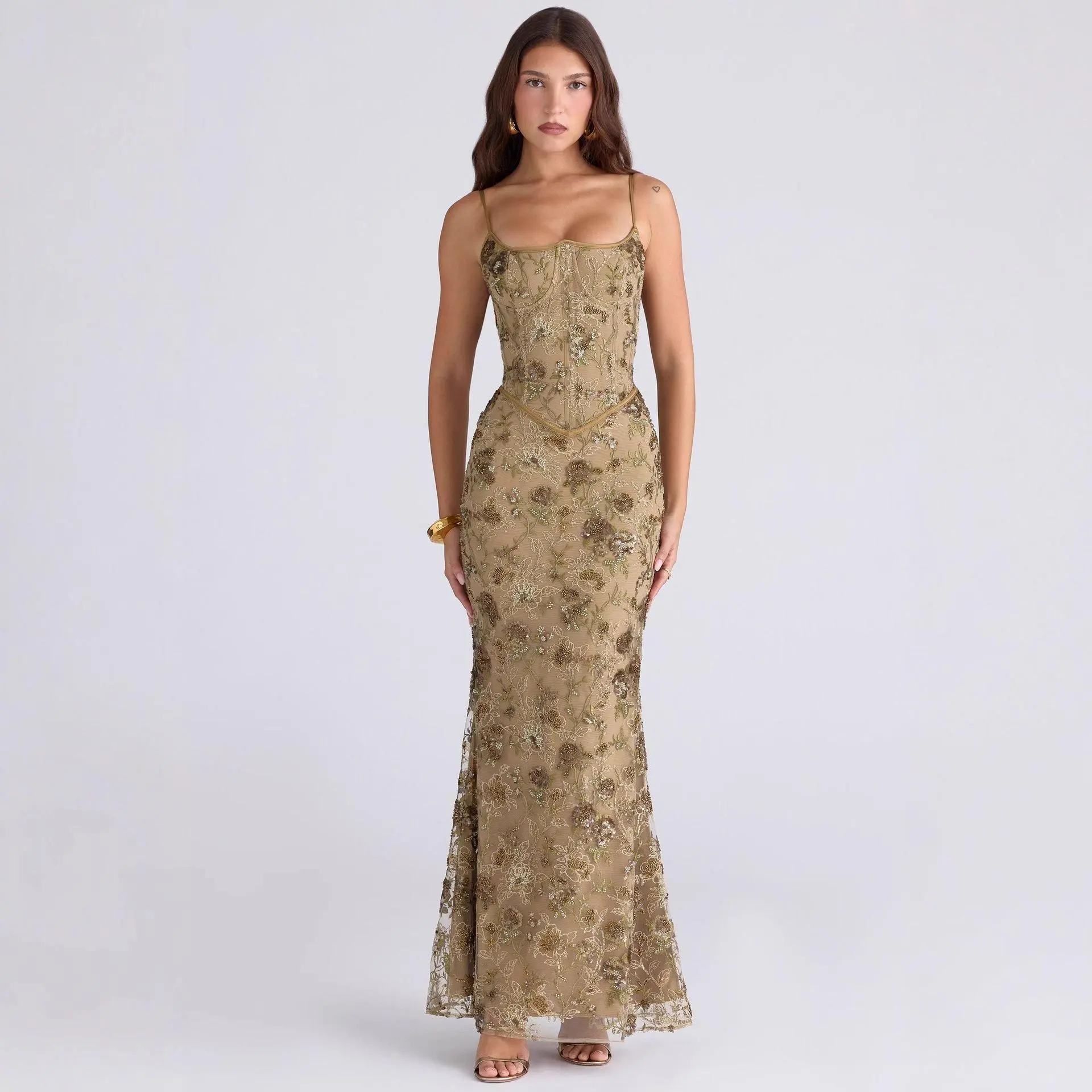 Women's Formal Sparkly Sleeveless Polyester Sequin Luxury Hand-Embroidered Beaded Mesh Spaghetti Strap Maxi Dress - Fitted Waist, Mermaid Silhouette, Ideal for Galas, Weddings