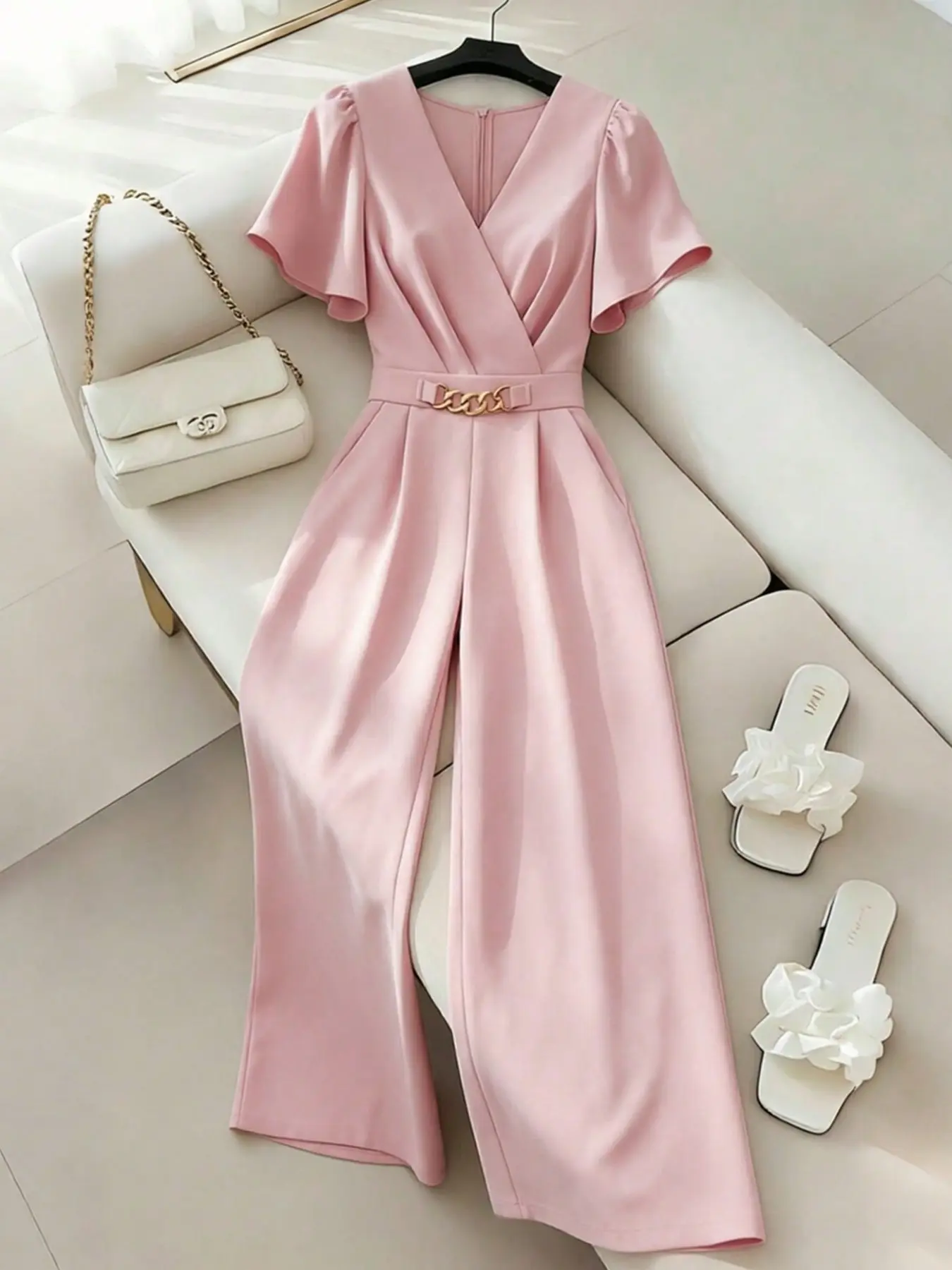 Elegant Women's Cross V-Neck Jumpsuit, High-Waisted Wide Leg with Metal Chain Belt, Satin Formal for Office, Wedding, Dinner, Business, Vacation