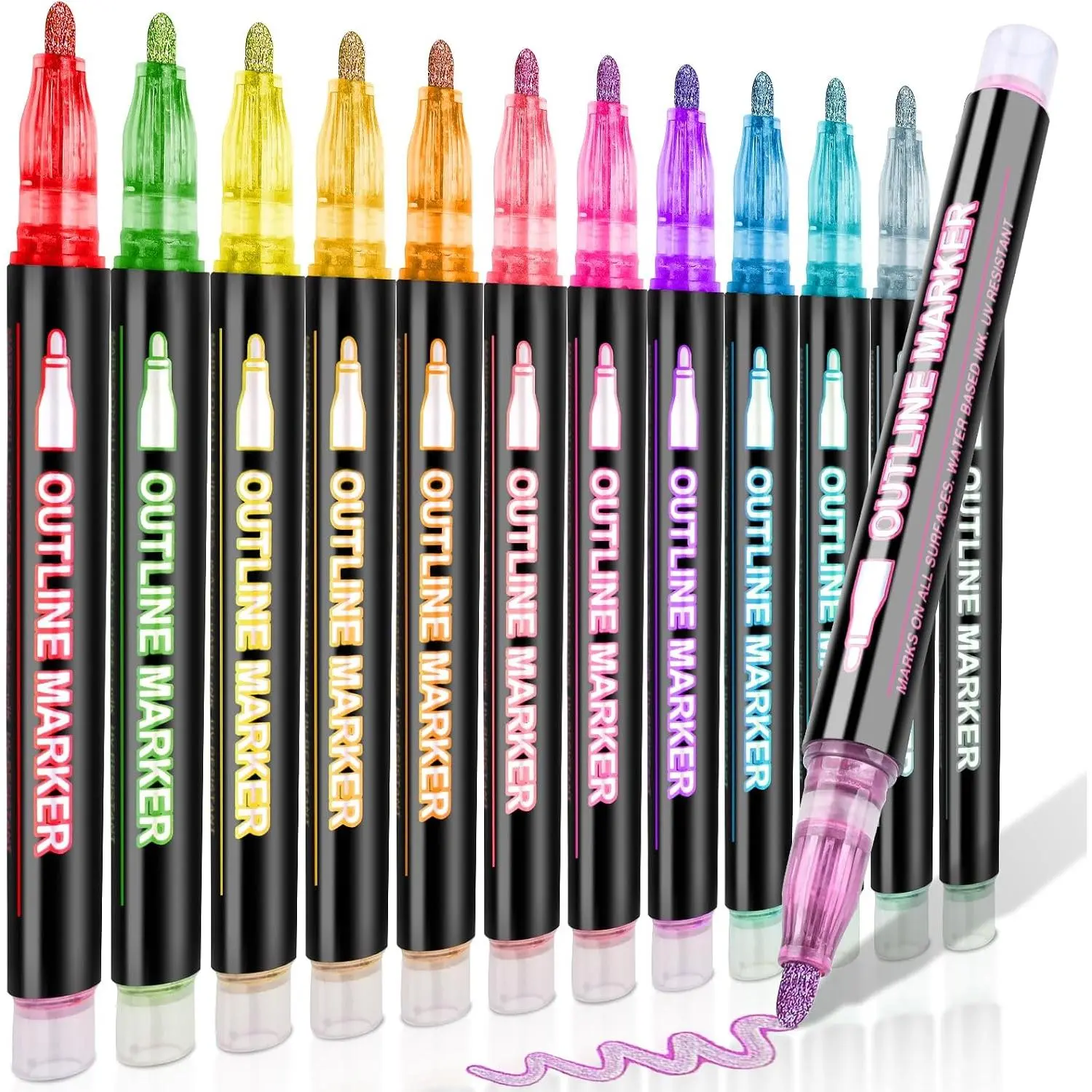 12 Colors Outline Shimmer Markers, Double Line Glitter Markers Pens for Christmas Greeting Cards, Outline Glitter Pens Art Supplies for Coloring, Metallic Marker Pen for Scrapbook Art Crafts