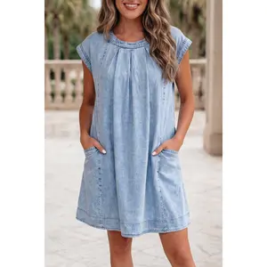 Beau Blue Cap Sleeve Pleated Round Neck Denim Shift Dress