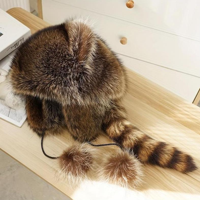 2025 New Raccoon Tail Y2K Hat - Detachable Fluffy Earmuffs - Hypoallergenic Machine-Washable Winter Beanie