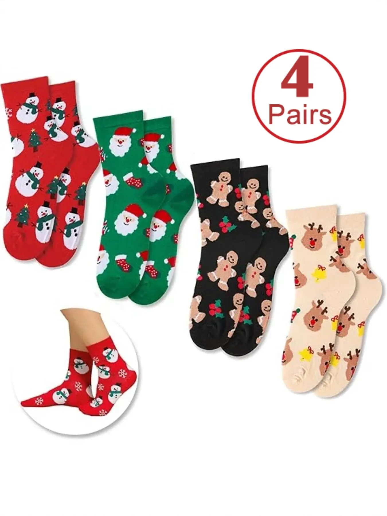 4 Pairs Women's Christmas Socks, Fun Creative Mid-Calf Socks, Santa Claus Themed Multi-Pack, Unisex Holiday Footwear Set