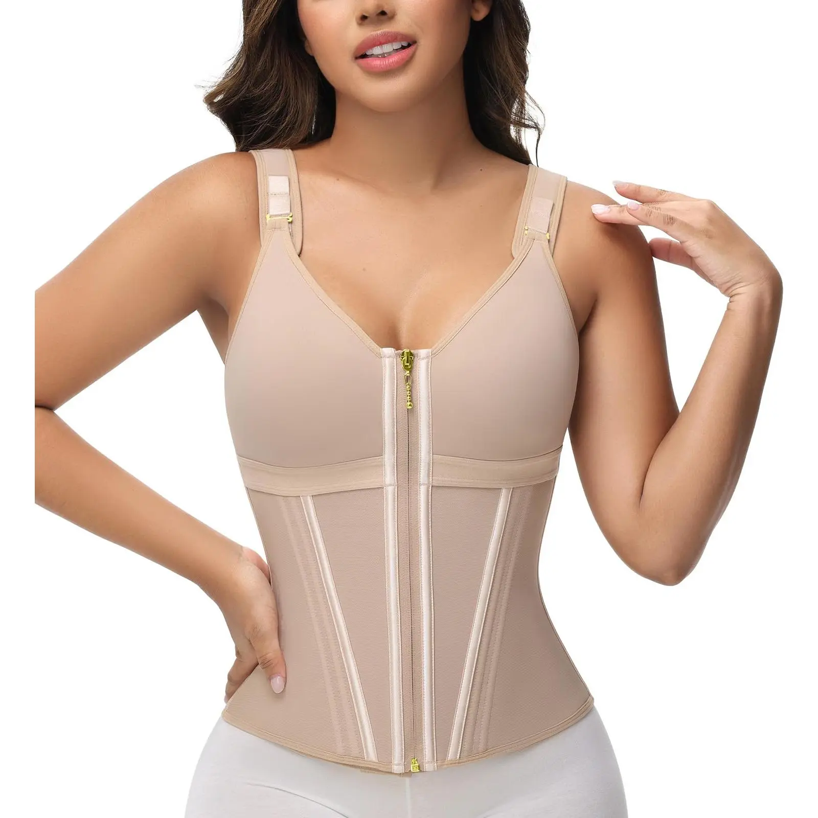 Colombian-Style Waist Shaper Tank Top with Built-in Bra – Adjustable Straps, Front Zipper, Tummy Control Seamless Design – for Yoga, Workout & Office Wear
