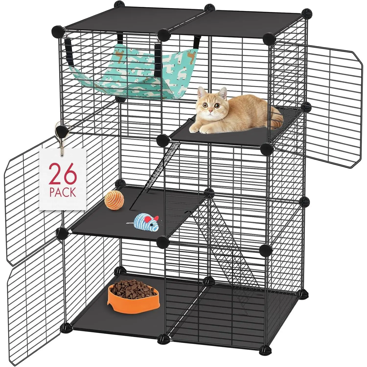 3-Tier DIY Catio Cat Enclosures Cat Cage, 24" x 16" x 36" Detachable Metal Wire Cat Playpen Indoor & Outdoor with Hammock, Exercise Place Kennel Crate for 1-2 Kitten