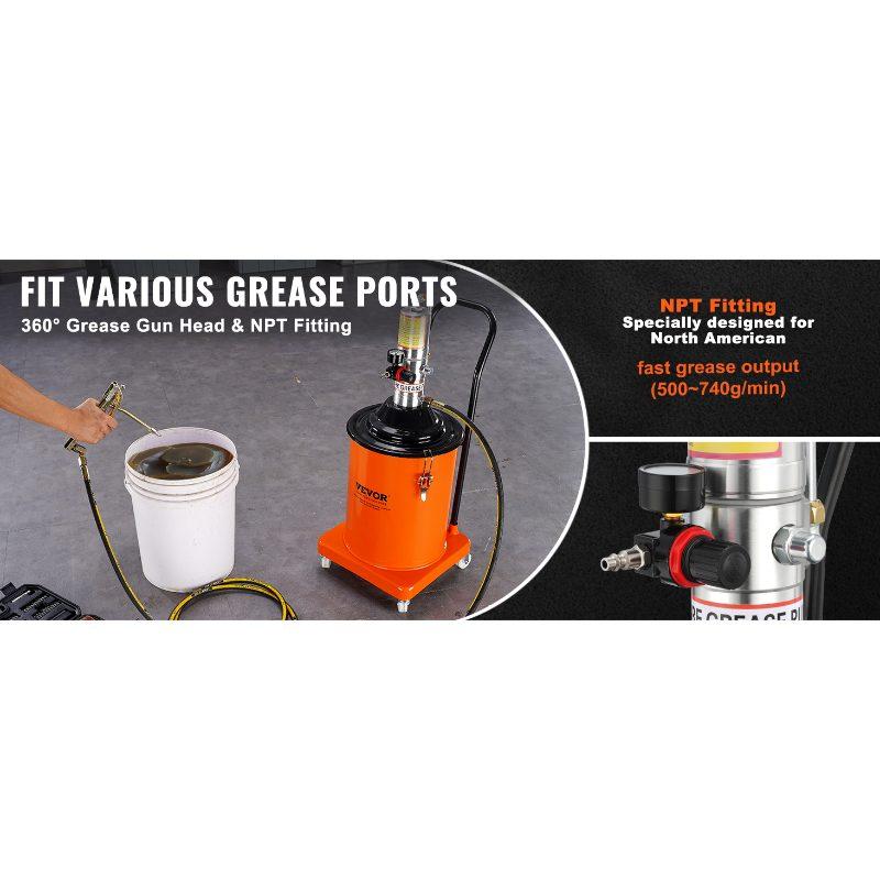 VEVOR Grease Pump, 5 Gallon 20L, Air Operated Grease Pump with 13 ft High Pressure Hose and Grease Gun, Pneumatic Grease Bucket Pump with Wheels, Portable Lubrication Grease Pump 50: 1 Pressure Ratio