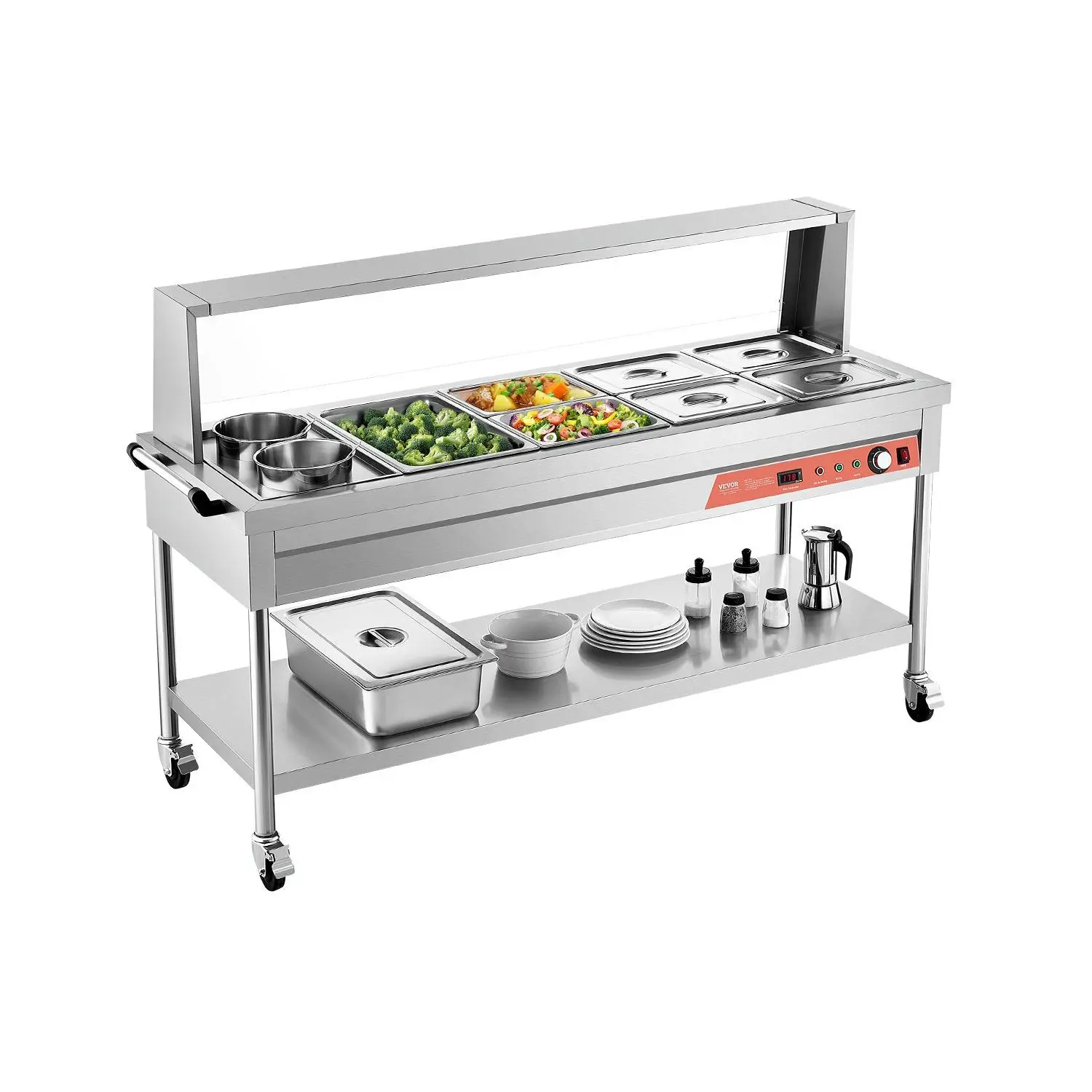VEVOR Commercial Electric Food Warmer, 7 Pans+ 2 Pots Steam Table, 1800W Professional Buffet Catering Food Warmer with Shield Undershelf Wheels, Stainless Steel Server for Party Restaurant