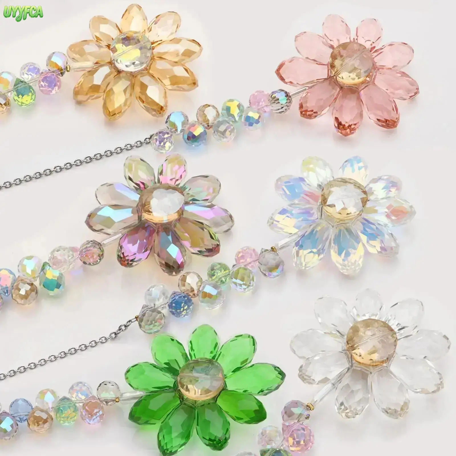 Crystal Daisy Flower Suncatcher Hanging Ornament With AB Faceted Bead Chain, Light Prism Rainbow Maker Window Hanging Decor, Multi Pastel Color Floral Crystal Pendant For Indoor Home Wall Patio Garden Balcony Cottagecore Aesthetic Decor,Summervibes