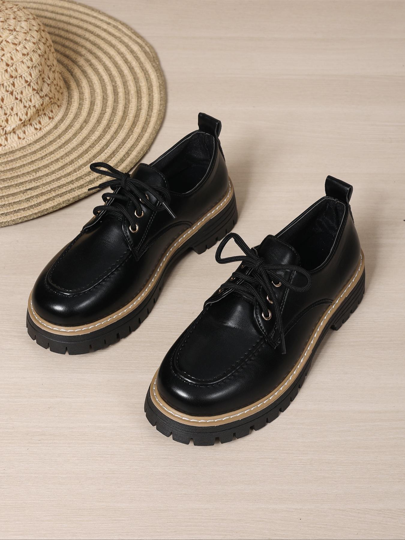 Women's Fashionable Solid Color Lace Up Loafers, Casual Comfortable Round Toe Office Commuting Shoes for Daily Wear, Lightweight Breathable Shoes for Women & Girls, Closed, Casual Business Shoes