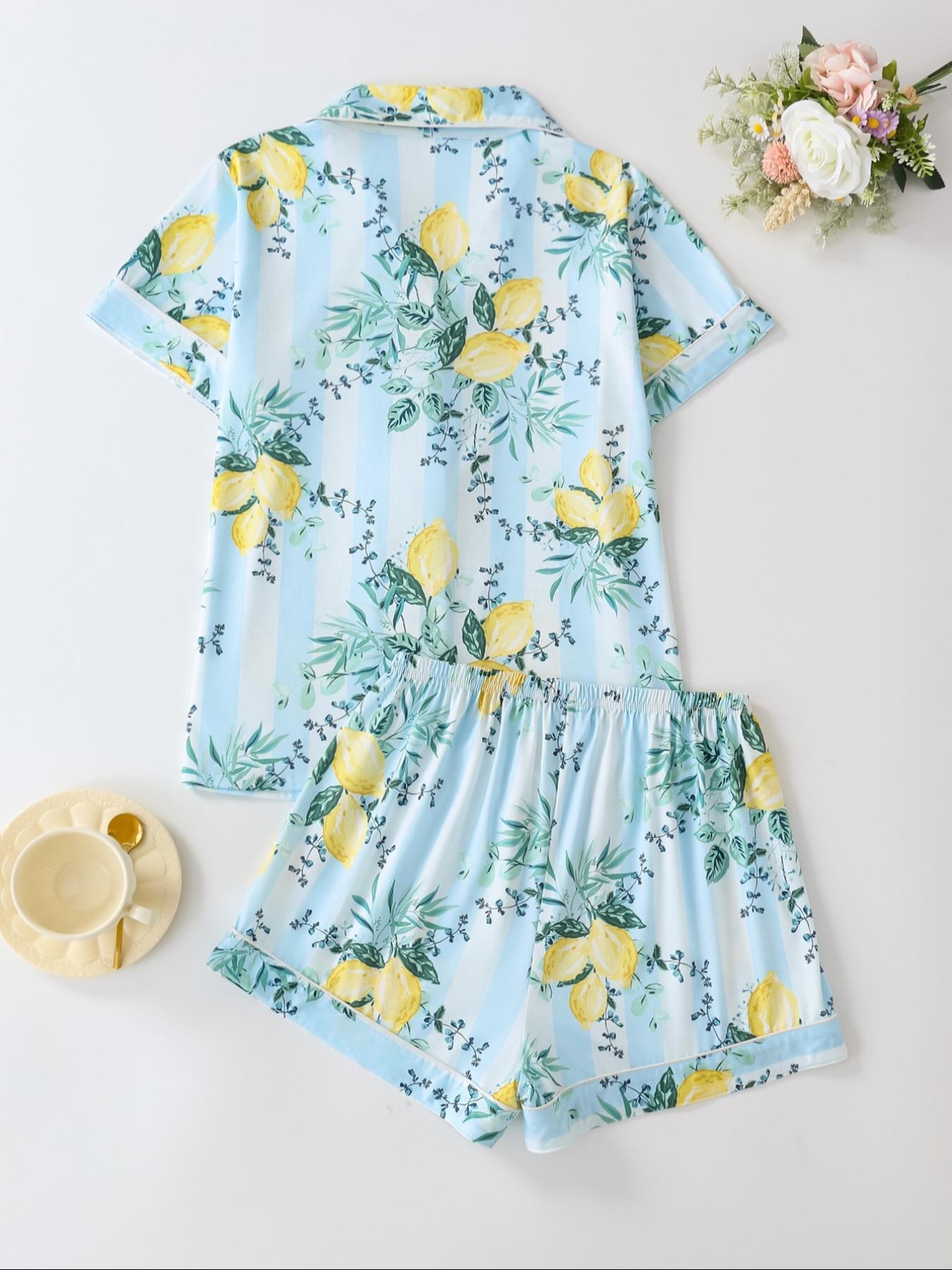 Women's Lemon Print Short Sleeve Pajama Set, Fruit Print Pajama, Button Front Chest Pocket Design Lapel Neck Shortsleeve Top & Elastic Waist Shorts Set, Ladies Summer Sleepwear