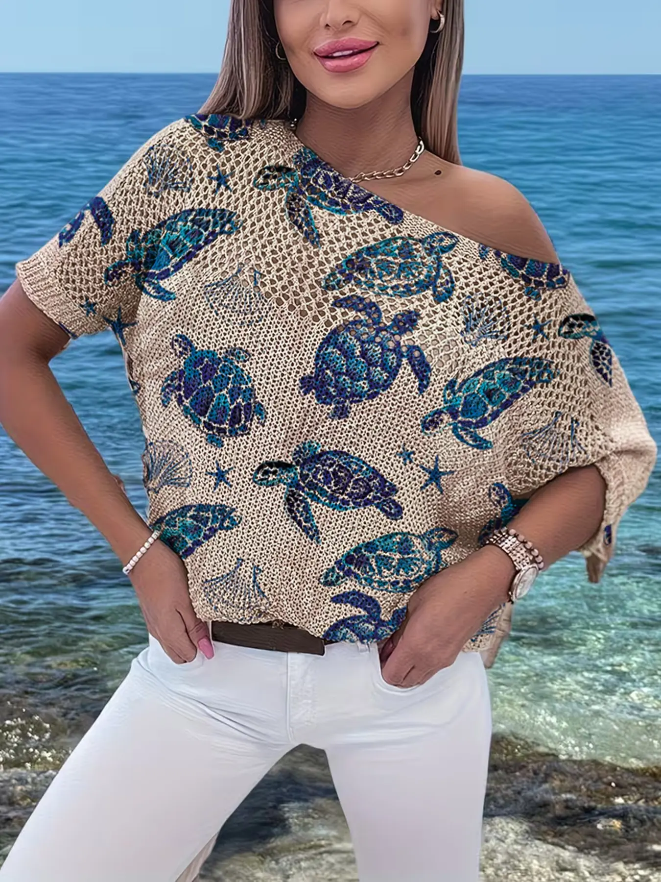 Women's Batwing Sleeve Loose Fit Turtle Print Knit Top, Elegant Slim-Fitting Animal Print Shirt, Breathable Summer Outerwear
