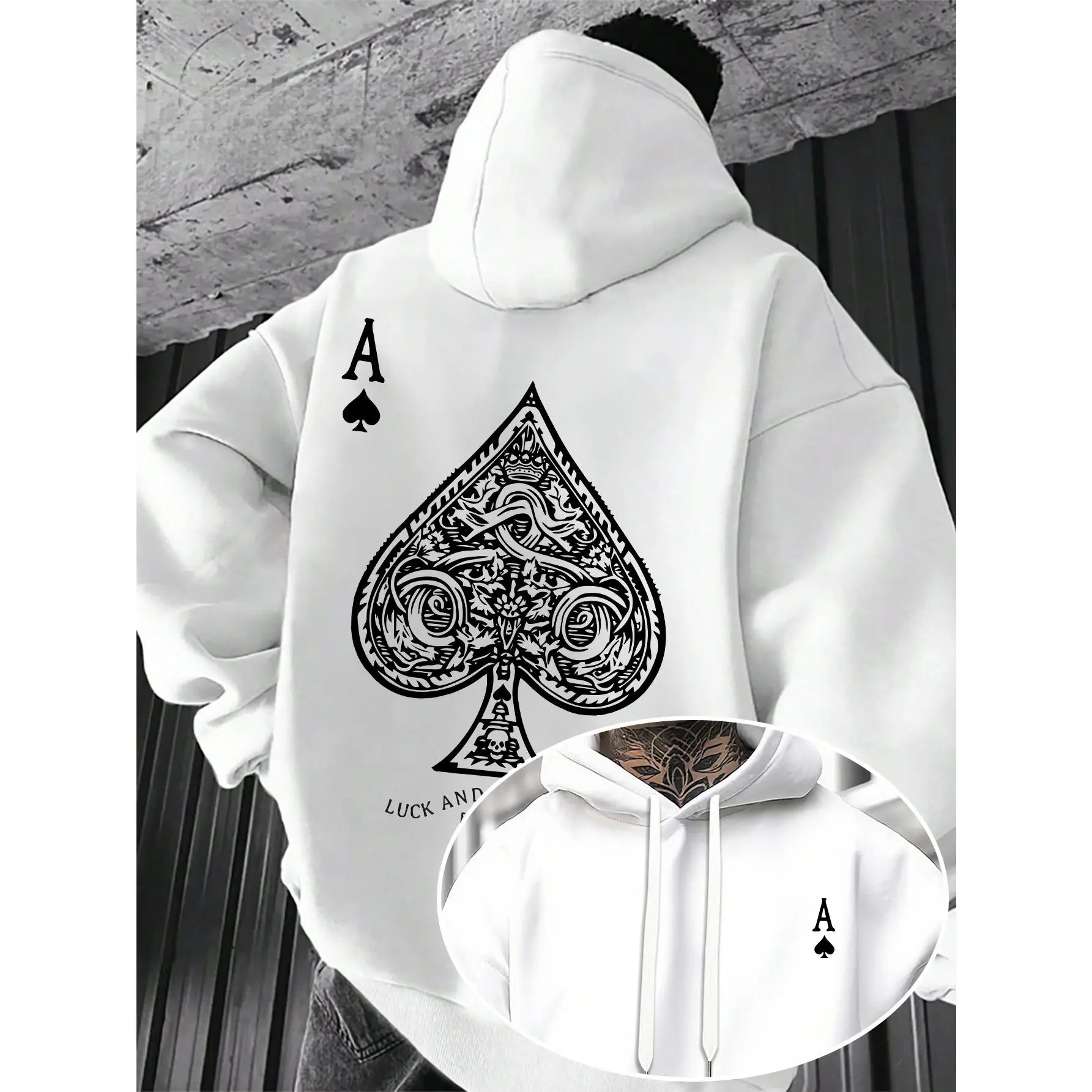 Men's Retro Hooded Sweatshirt - Kangaroo Pocket, Shell Fabric, Spade-Patterned Ace Playing Card Graphic, "LUCK AND STRENGTH" Text - Casual Menswear for Style Enthusiasts, Oversized, Minimalist