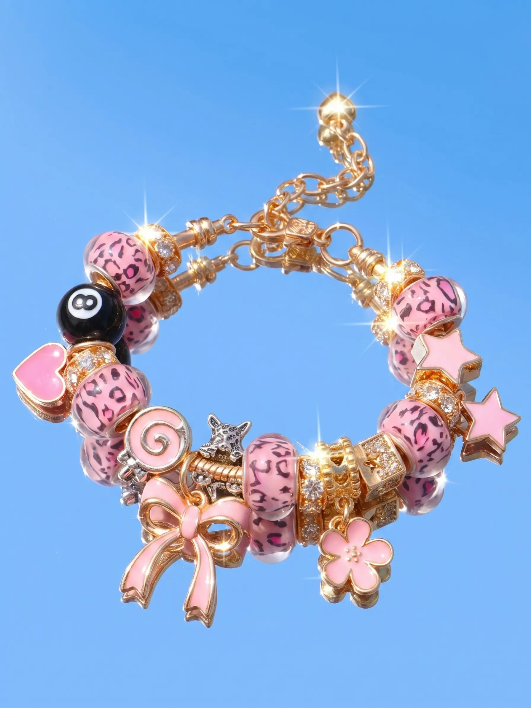 Y2K Chunky Charm Bracelets, Cross Bracelet & Leopard Print Beaded Bracelet with Bow & 8 Ball Charms, Trendy Star Girl Jewelry