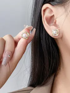 Elegant Pearl Stud Earrings, Twisted Design, Center Pearl, Rhinestone Accent, Perfect for Blouses and Dresses, French Style