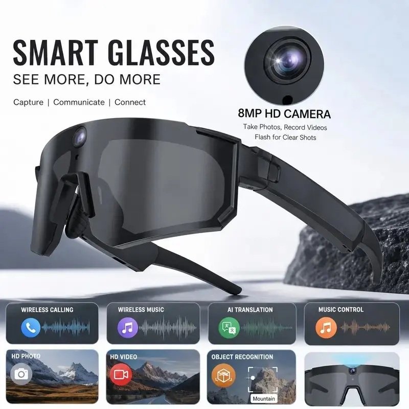 Outdoor sports AI intelligent camera glasses 8MP camera+LED flash EIS anti shake recording dual microphone noise reduction touch control Bluetooth hands-free call music player UV protection 290mAh long endurance outdoor cycling windproof goggles suitable