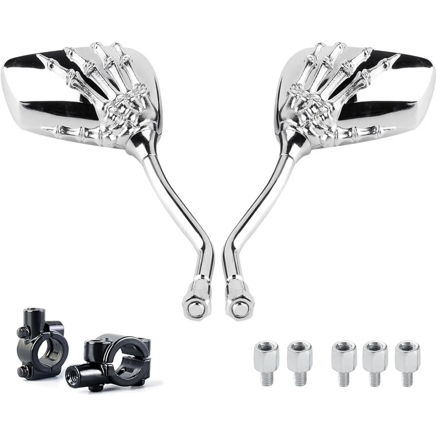 Motorcycle Mirrors, Chrome Skull Skeleton Hand Style, 360° Rotatable & 20° Sway Adjustable Convex Pair with 8mm/10mm Bolts & 7/8" Clamp for ATVs, Scooters, Mopeds, Moped Motorcycle, Motorcycle Accessories, Fashion Design