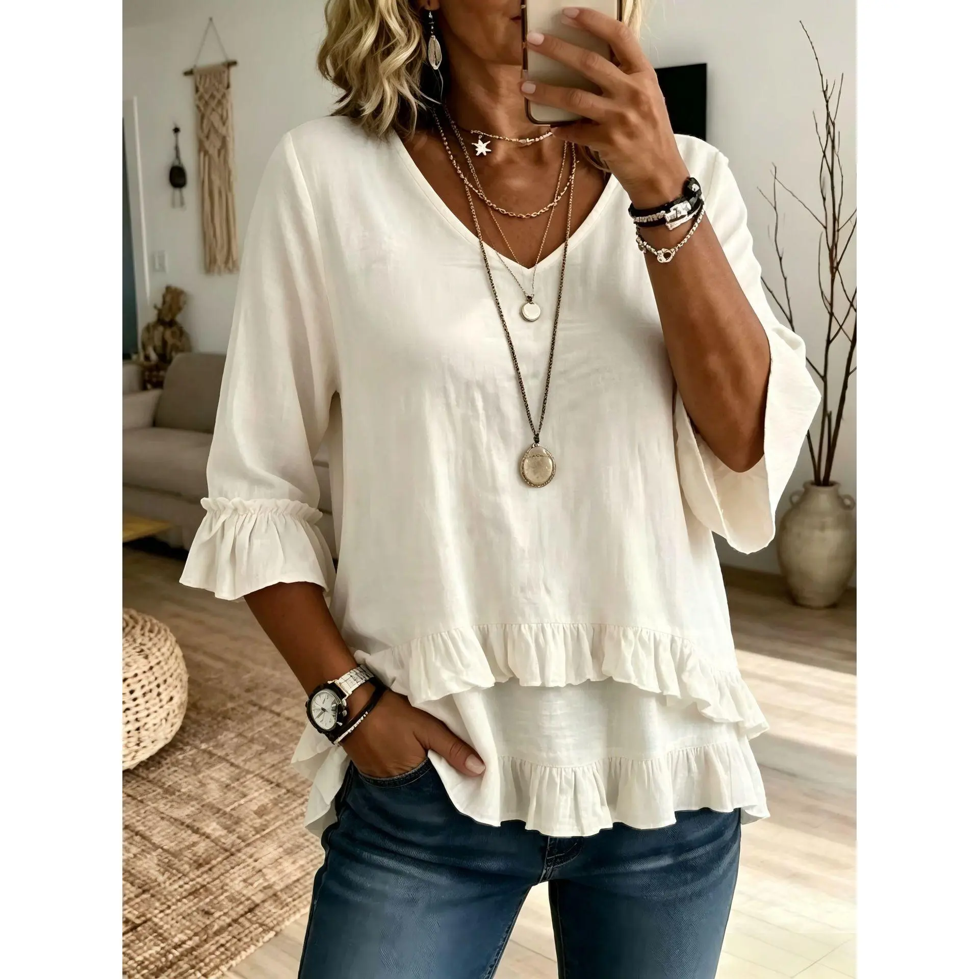 Women’s White V Neck Ruffle Blouse, Loose Fit 3/4 Bell Sleeve Tiered Hem Casual Top for Daily Wear, Vacation & Boho Outfits Denim Everyday